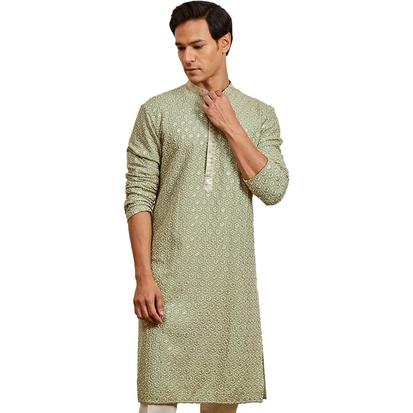 VASTRAMAY Men's Pista Green Rayon Kurta - This Men's Kurta exudes Elegance with its Intricate Design and Sophisticated Color Palette.