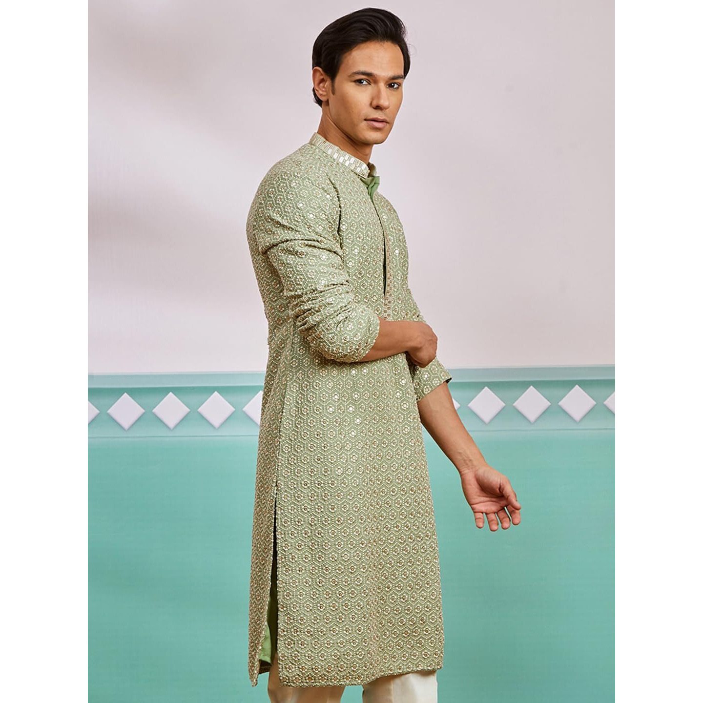VASTRAMAY Men's Pista Green Rayon Kurta - This Men's Kurta exudes Elegance with its Intricate Design and Sophisticated Color Palette.