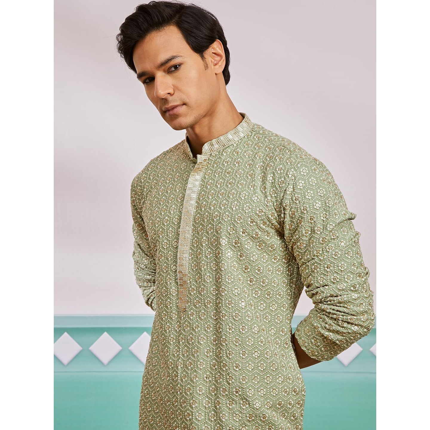 VASTRAMAY Men's Pista Green Rayon Kurta - This Men's Kurta exudes Elegance with its Intricate Design and Sophisticated Color Palette.