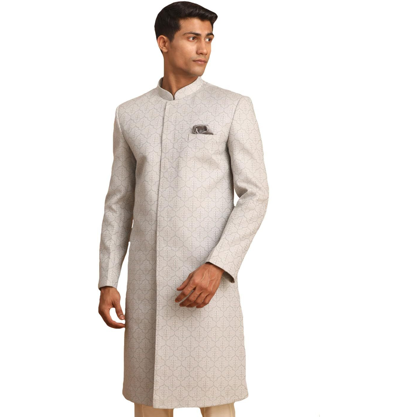 VASTRAMAY Men's Grey Sherwani Only Top | Imported Jacquard Sherwani For Men