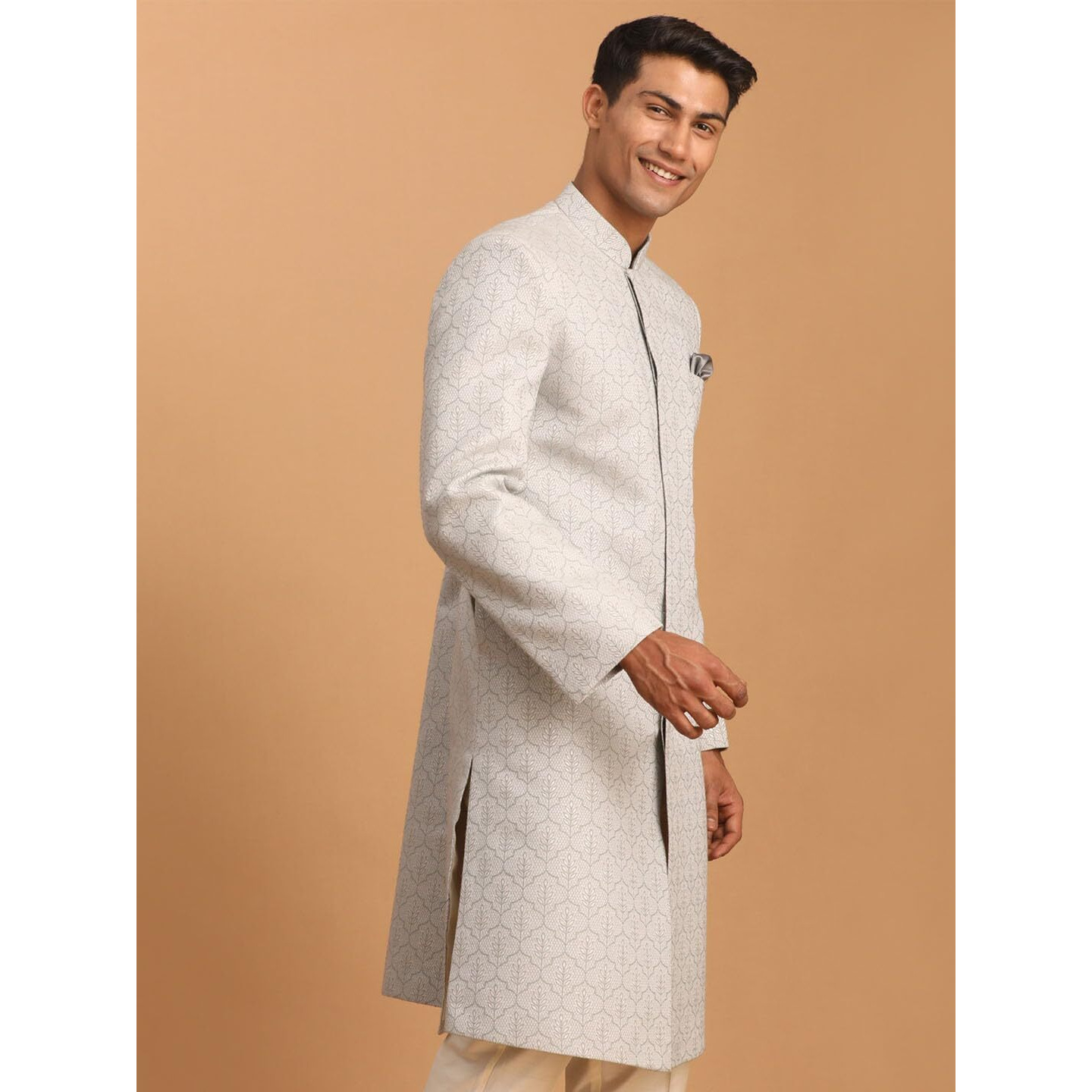 VASTRAMAY Men's Grey Sherwani Only Top | Imported Jacquard Sherwani For Men