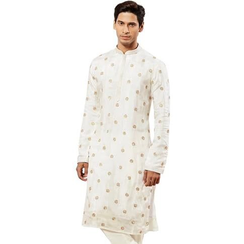 VASTRAMAY Men's White Tissue Silk Kurta with Golden Embroidery - Perfect for Weddings and Festivals