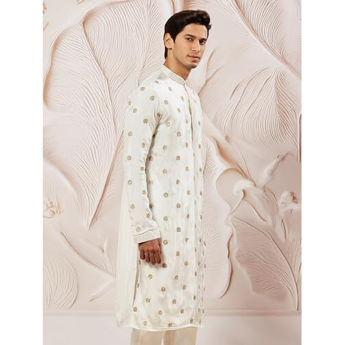 VASTRAMAY Men's White Tissue Silk Kurta with Golden Embroidery - Perfect for Weddings and Festivals