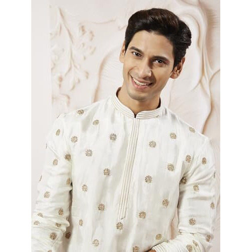 VASTRAMAY Men's White Tissue Silk Kurta with Golden Embroidery - Perfect for Weddings and Festivals