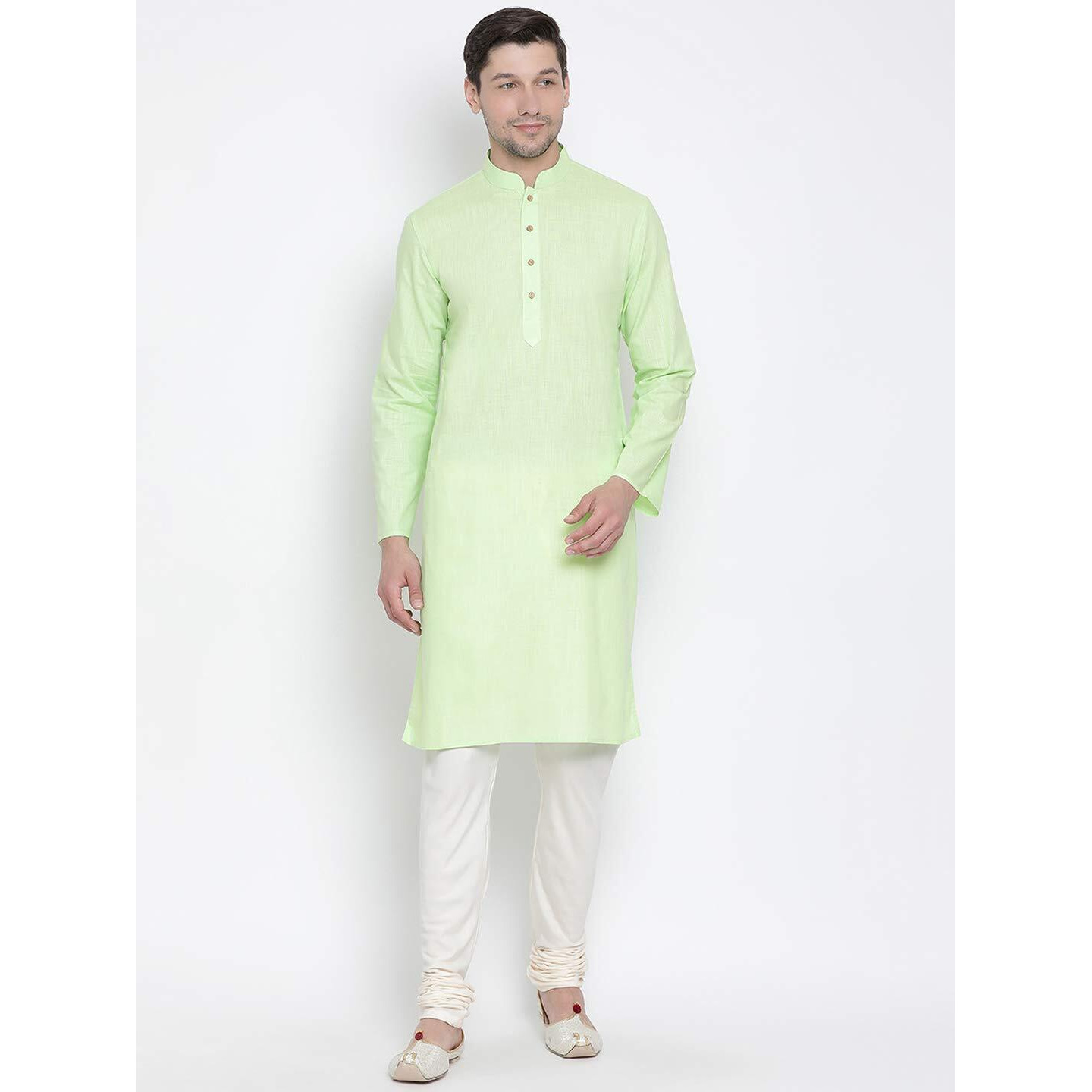 VASTRAMAY Men's Light Green Cotton Linen Blend Kurta Pyjama Set_VASMK007MGnPLBCR_36