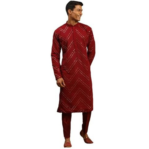VASTRAMAY Men's Maroon Georgette Kurta Pyjama Set | Mirror work Maroon Georgette Kurta With Pant Style Pyjama Set.