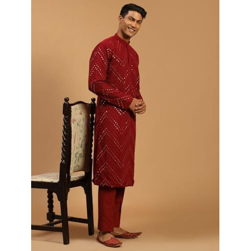 VASTRAMAY Men's Maroon Georgette Kurta Pyjama Set | Mirror work Maroon Georgette Kurta With Pant Style Pyjama Set.