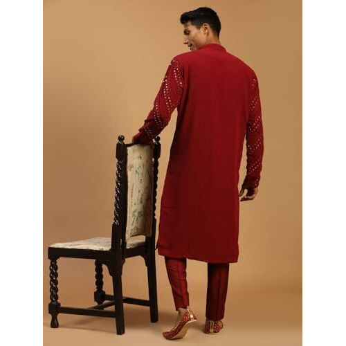 VASTRAMAY Men's Maroon Georgette Kurta Pyjama Set | Mirror work Maroon Georgette Kurta With Pant Style Pyjama Set.