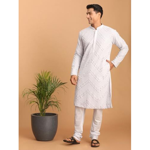 VASTRAMAY Men's Aqua Georgette Kurta Pyjama Set | Mirror work Georgette Kurta and Pyjama Set.