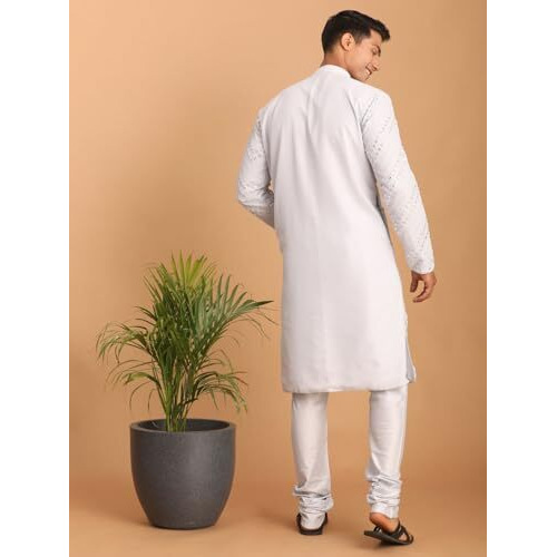 VASTRAMAY Men's Aqua Georgette Kurta Pyjama Set | Mirror work Georgette Kurta and Pyjama Set.