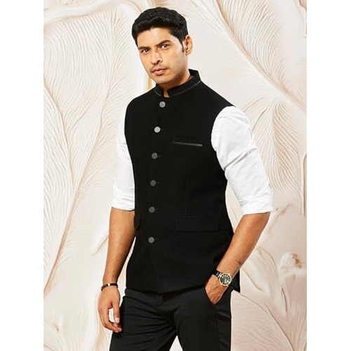 VASTRAMAY Men's Black - Nehru Jacket, Sutting Fabric Solid Nehru Jacket For Men, Traditional Indian Festive & Ethnic Wear