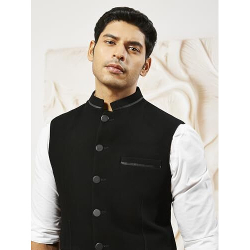 VASTRAMAY Men's Black - Nehru Jacket, Sutting Fabric Solid Nehru Jacket For Men, Traditional Indian Festive & Ethnic Wear
