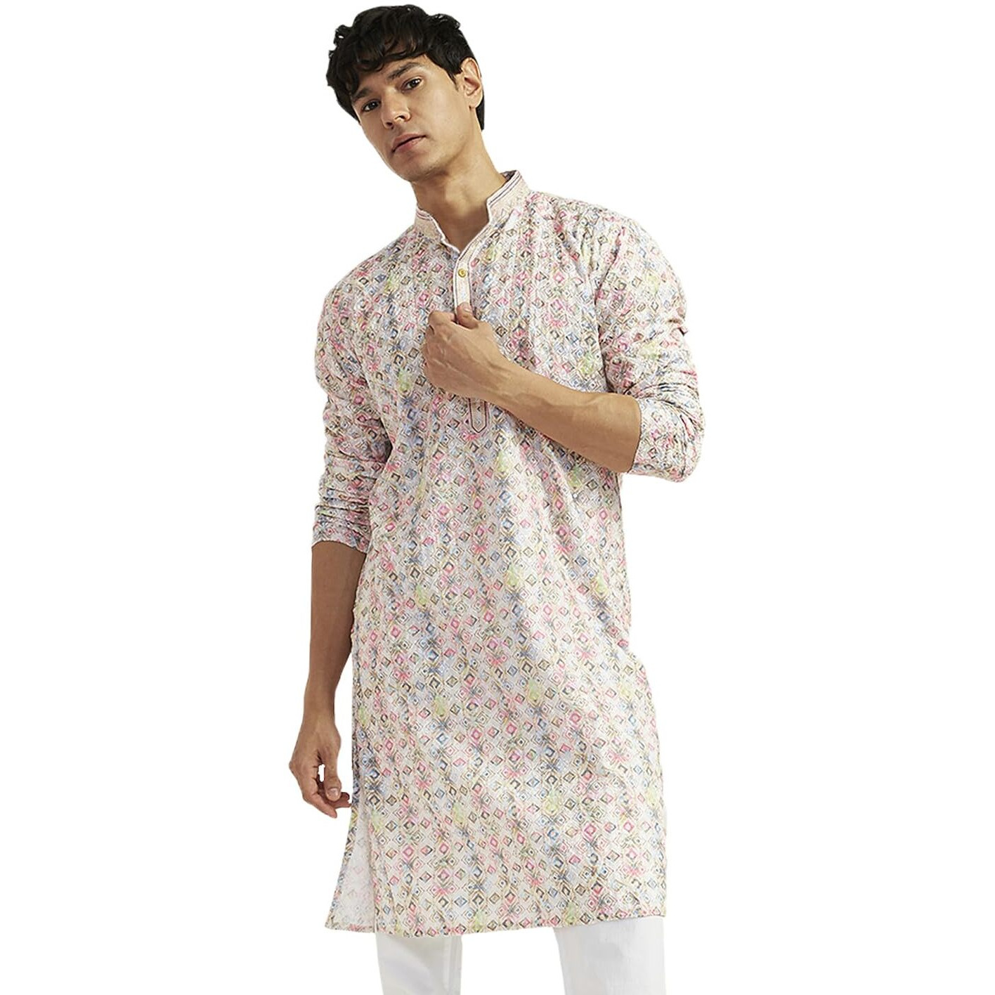 VASTRAMAY Men's Cotton Kurta for Men I All Over Embroidered and Schiffily Knee Length Straight Regula Kurta I Casual Party Festive Wedding Dressing Style_VASMK365PN_40 Pink