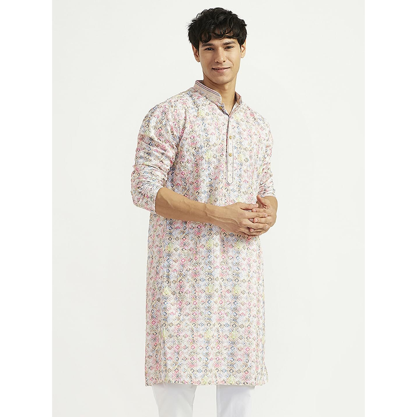 VASTRAMAY Men's Cotton Kurta for Men I All Over Embroidered and Schiffily Knee Length Straight Regula Kurta I Casual Party Festive Wedding Dressing Style_VASMK365PN_40 Pink