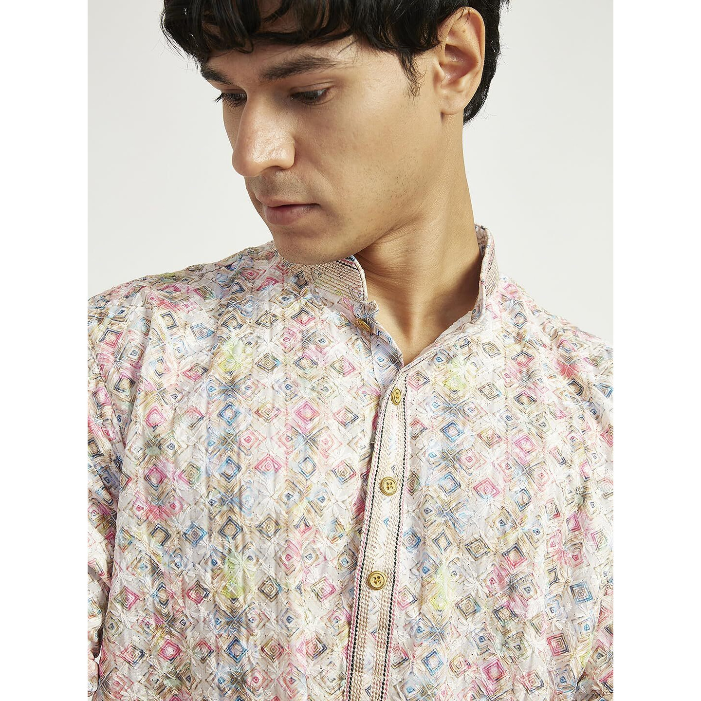VASTRAMAY Men's Cotton Kurta for Men I All Over Embroidered and Schiffily Knee Length Straight Regula Kurta I Casual Party Festive Wedding Dressing Style_VASMK365PN_40 Pink