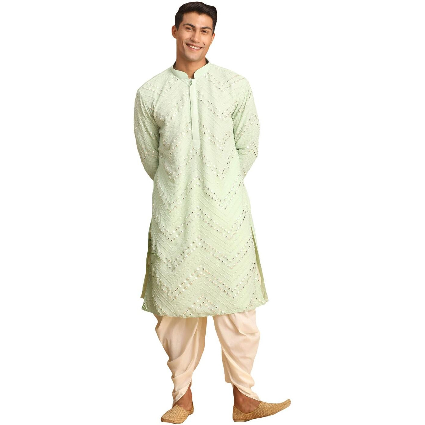 VASTRAMAY Men's Mint green And Cream Georgette Kurta and Dhoti Pant Set | Mirror work Georgette Kurta With Dhoti Pant