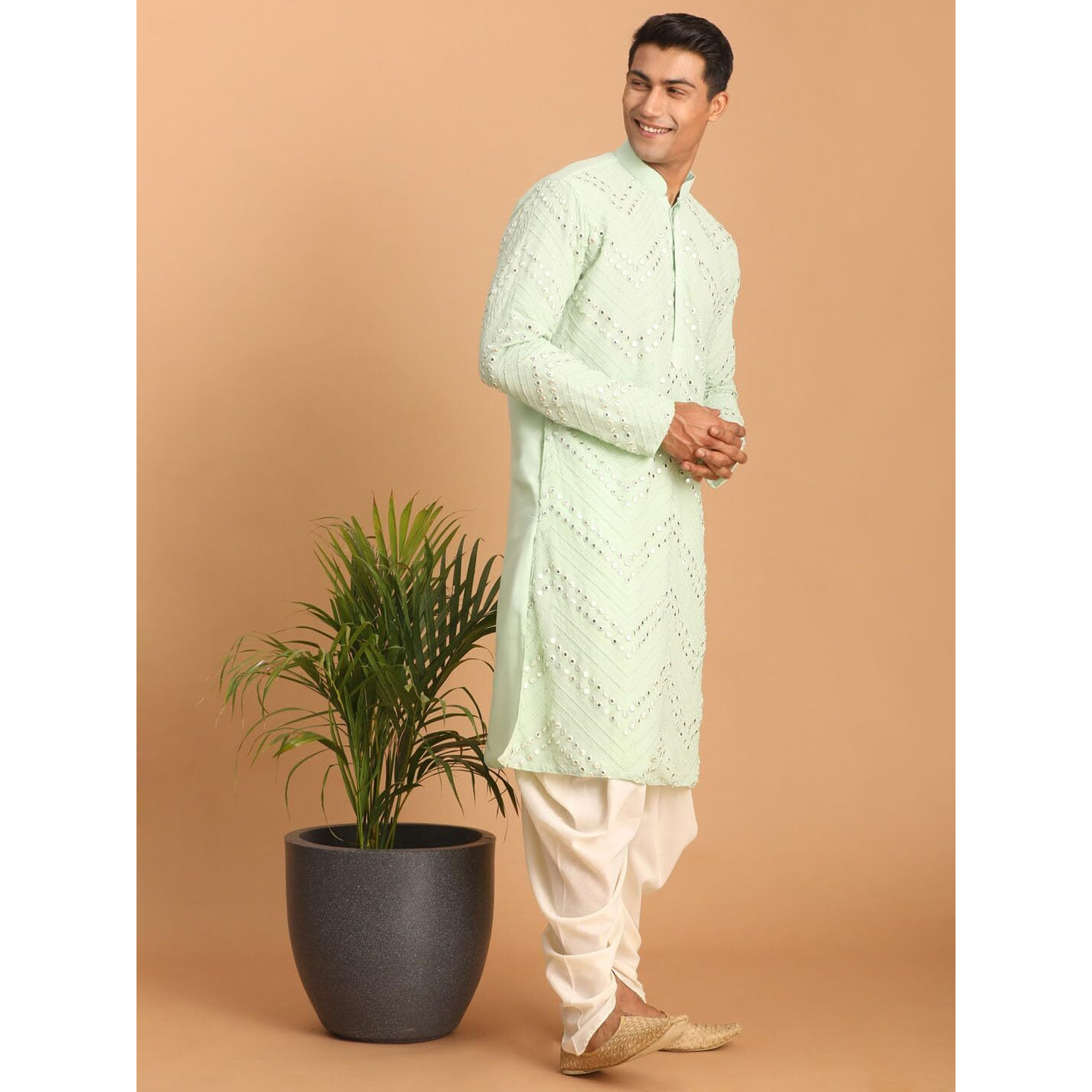 VASTRAMAY Men's Mint green And Cream Georgette Kurta and Dhoti Pant Set | Mirror work Georgette Kurta With Dhoti Pant