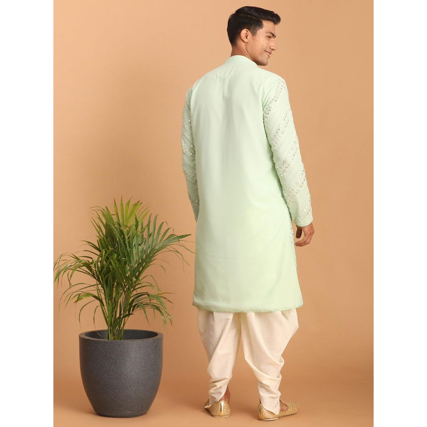 VASTRAMAY Men's Mint green And Cream Georgette Kurta and Dhoti Pant Set | Mirror work Georgette Kurta With Dhoti Pant