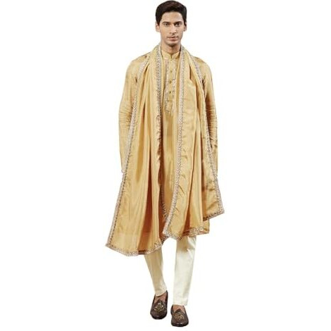 VASTRAMAY Men's Gold Tissue Silk Kurta Pyjama And Dupatta Set - Full Sleeves with Lace Detailing, Golden Border Dupatta for Weddings & Festive Occasions
