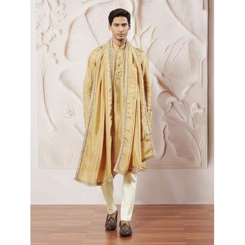 VASTRAMAY Men's Gold Tissue Silk Kurta Pyjama And Dupatta Set - Full Sleeves with Lace Detailing, Golden Border Dupatta for Weddings & Festive Occasions