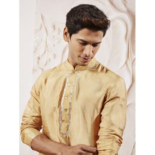 VASTRAMAY Men's Gold Tissue Silk Kurta Pyjama And Dupatta Set - Full Sleeves with Lace Detailing, Golden Border Dupatta for Weddings & Festive Occasions