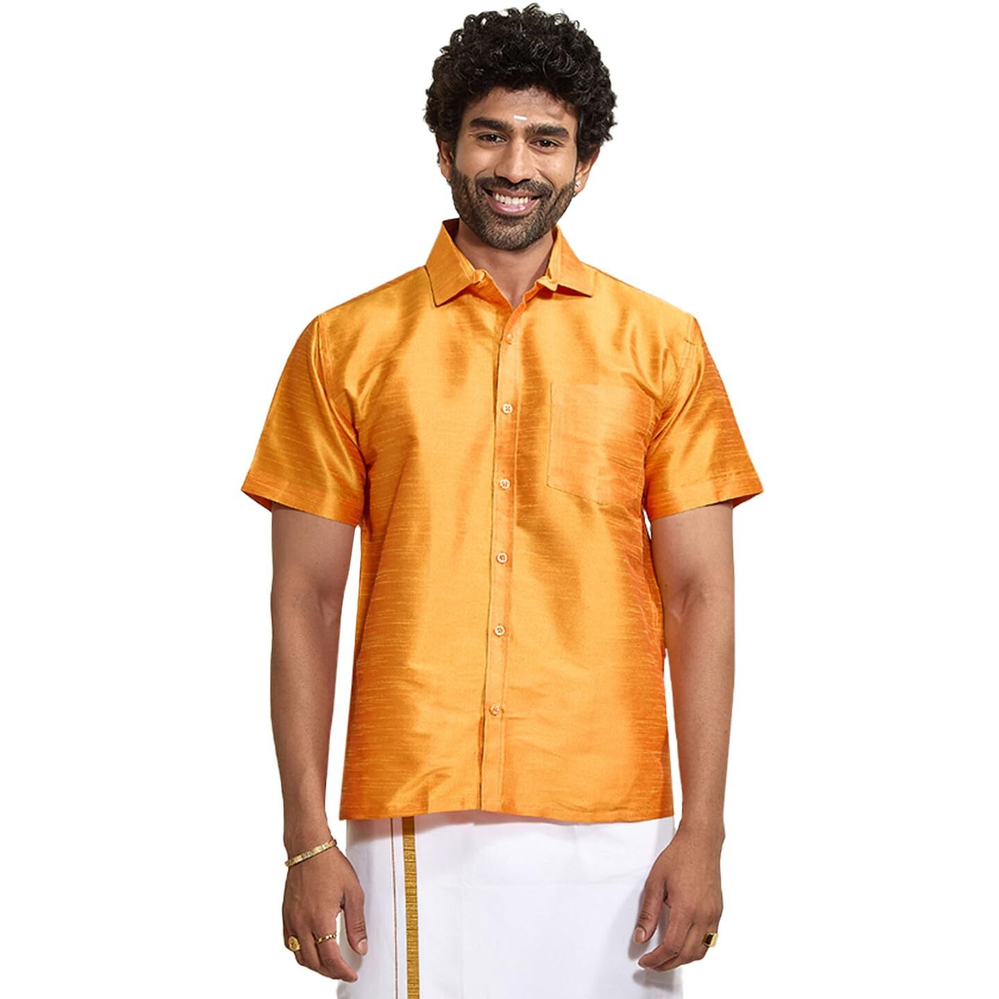 VASTRAMAY Mens Cotton Silk Ethnic Shirt (Orange_VASMSHOR001_38)