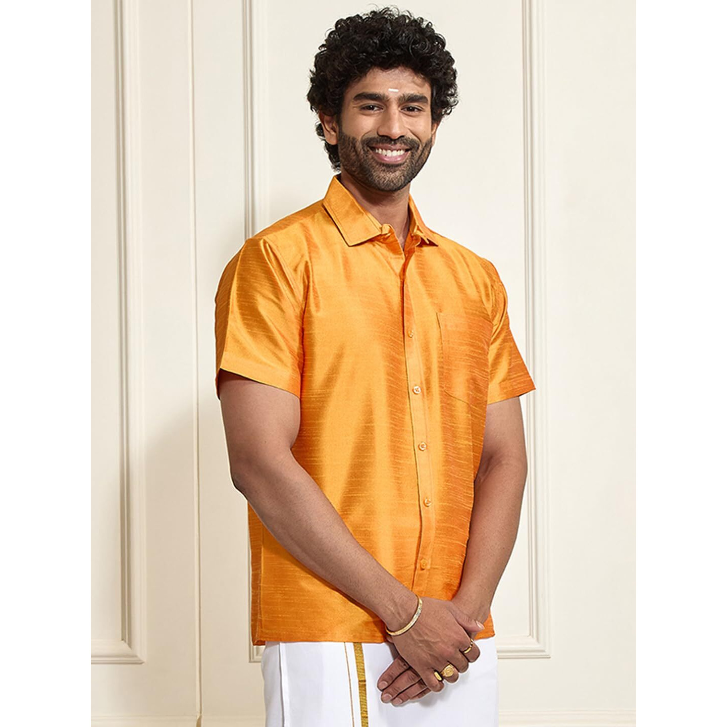 VASTRAMAY Mens Cotton Silk Ethnic Shirt (Orange_VASMSHOR001_38)