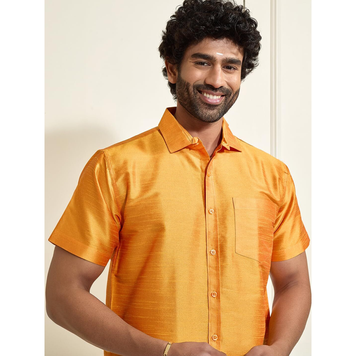 VASTRAMAY Mens Cotton Silk Ethnic Shirt (Orange_VASMSHOR001_38)