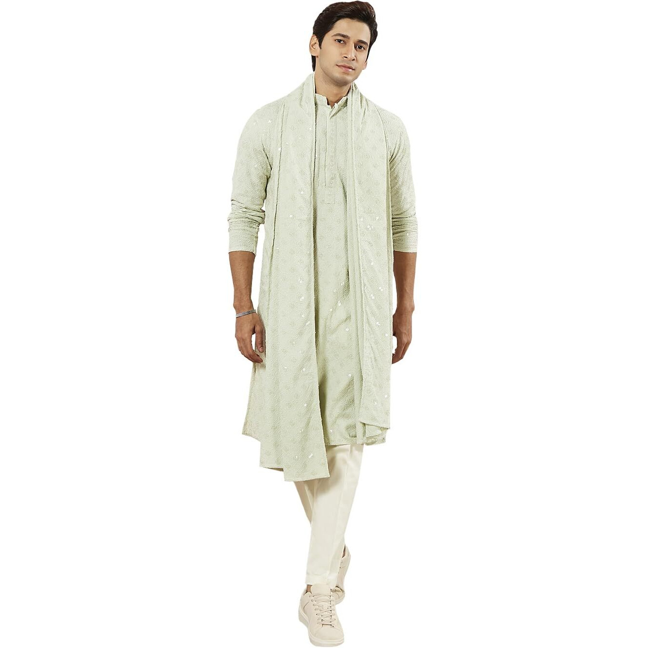 VASTRAMAY Men's Pista Green Rayon Kurta Pyjama And Dupatta Set - Rayon Schiffily Embroidery Kurta Pyjama And Dupatta Set For Men.