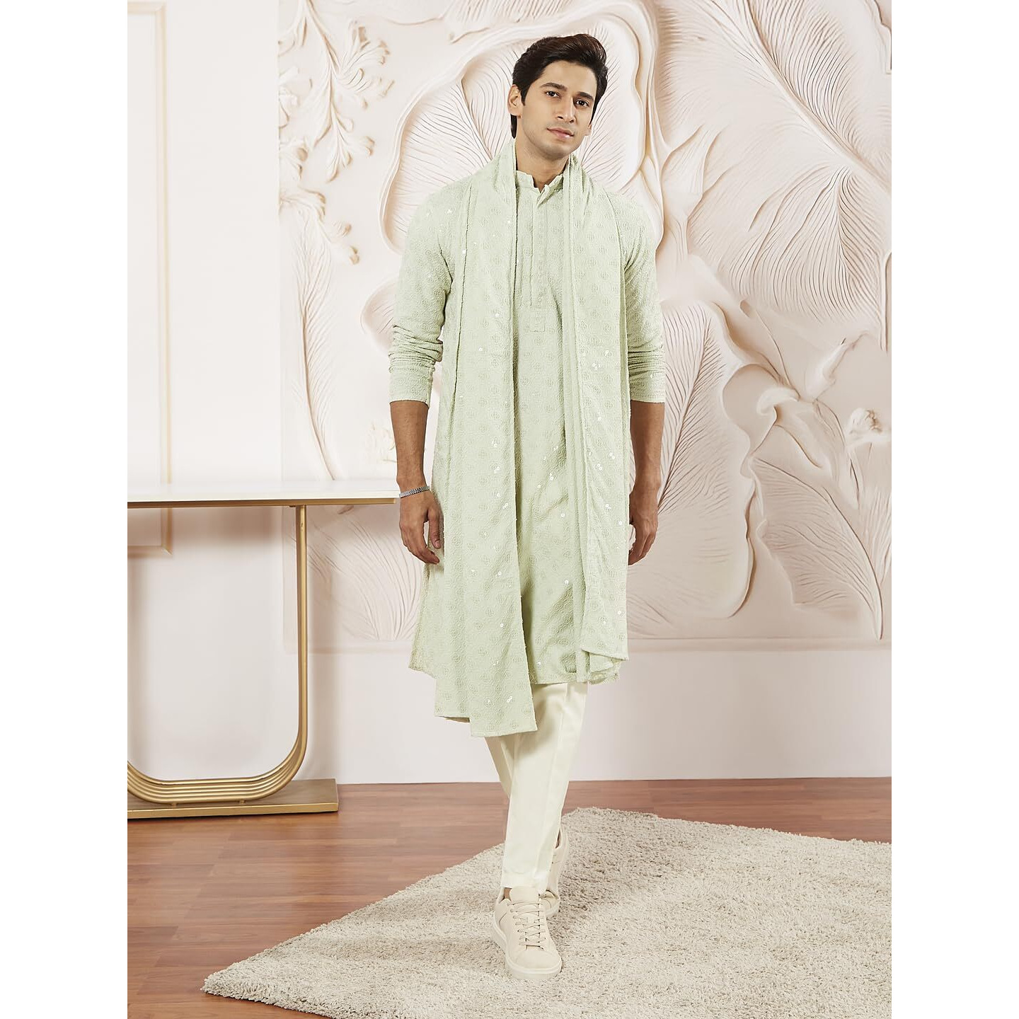 VASTRAMAY Men's Pista Green Rayon Kurta Pyjama And Dupatta Set - Rayon Schiffily Embroidery Kurta Pyjama And Dupatta Set For Men.