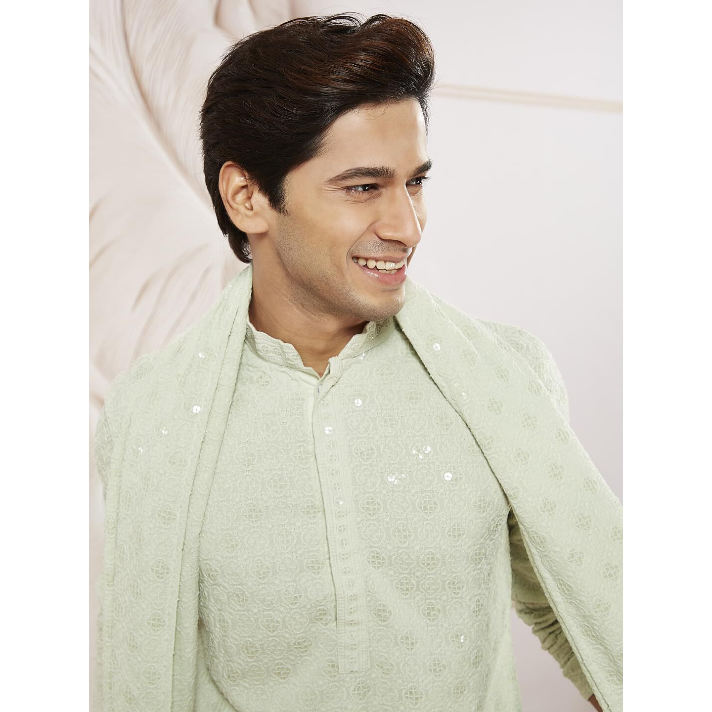 VASTRAMAY Men's Pista Green Rayon Kurta Pyjama And Dupatta Set - Rayon Schiffily Embroidery Kurta Pyjama And Dupatta Set For Men.