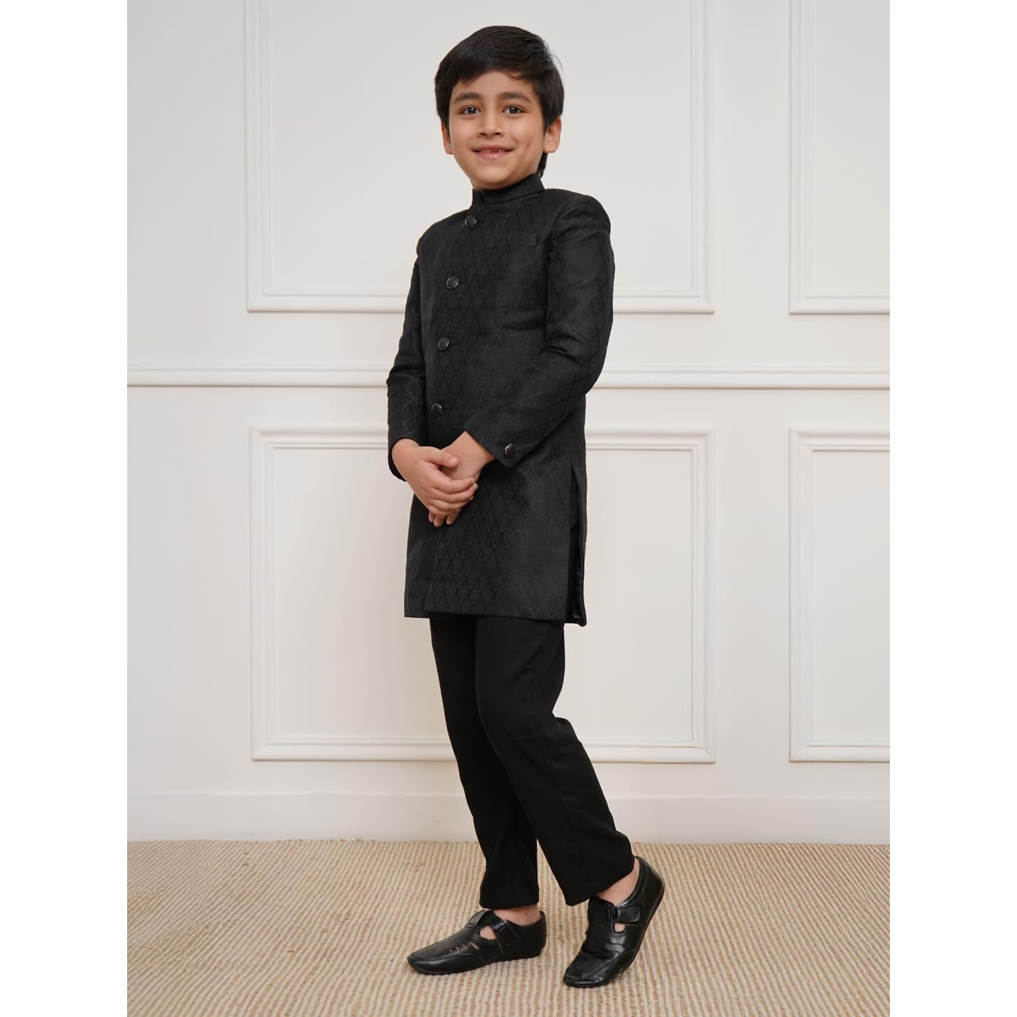 VASTRAMAY Boys' Black Sherwani And Pyjama Set