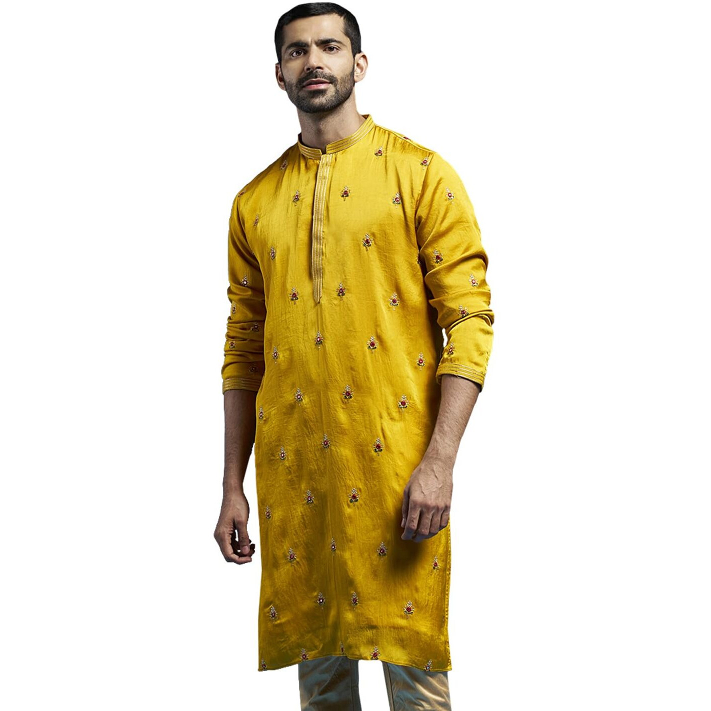 VASTRAMAY Men's Mustard Silk Blend Kurta | Silk Blend Embroidered KurtaFor Men.
