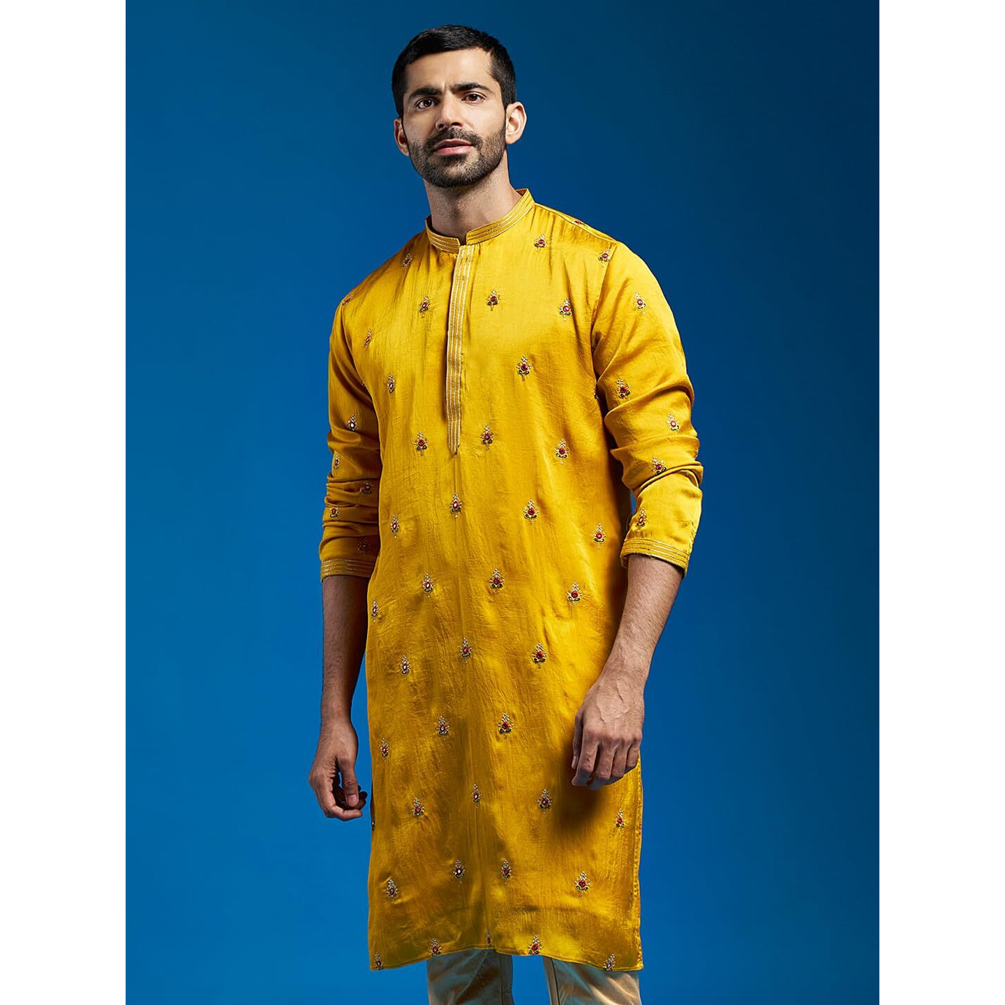 VASTRAMAY Men's Mustard Silk Blend Kurta | Silk Blend Embroidered KurtaFor Men.