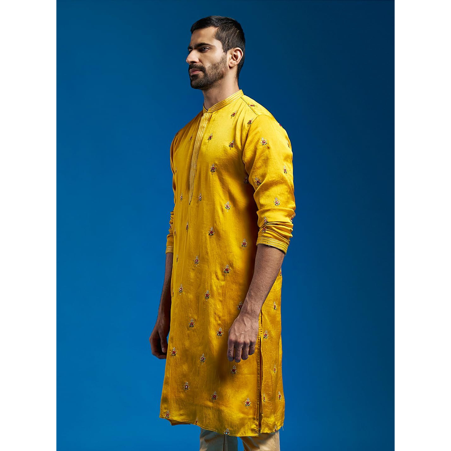VASTRAMAY Men's Mustard Silk Blend Kurta | Silk Blend Embroidered KurtaFor Men.