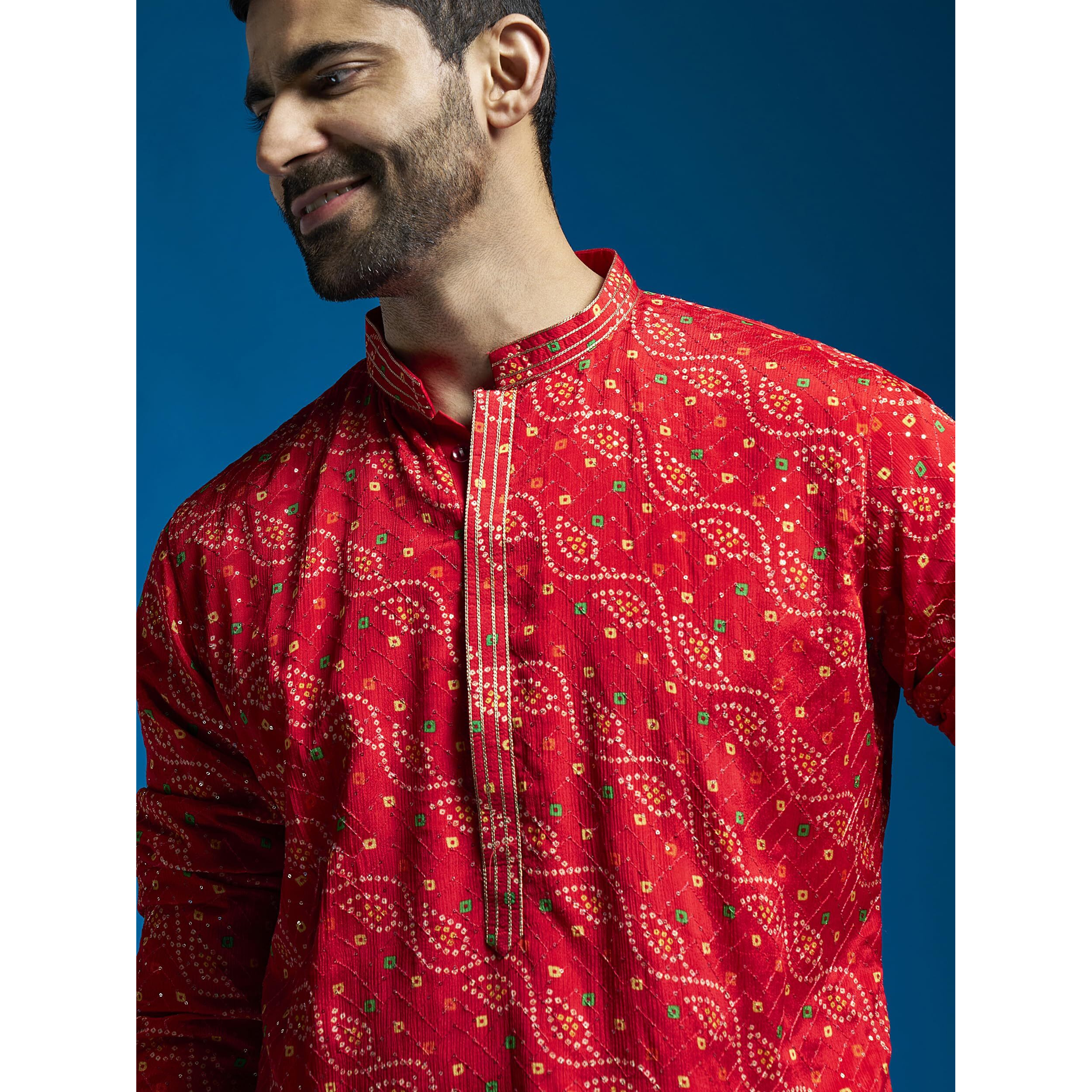 VASTRAMAY Men's Red Chinon Kurta | Chinon Printed Embroidered Secuenced Kurta for Men.