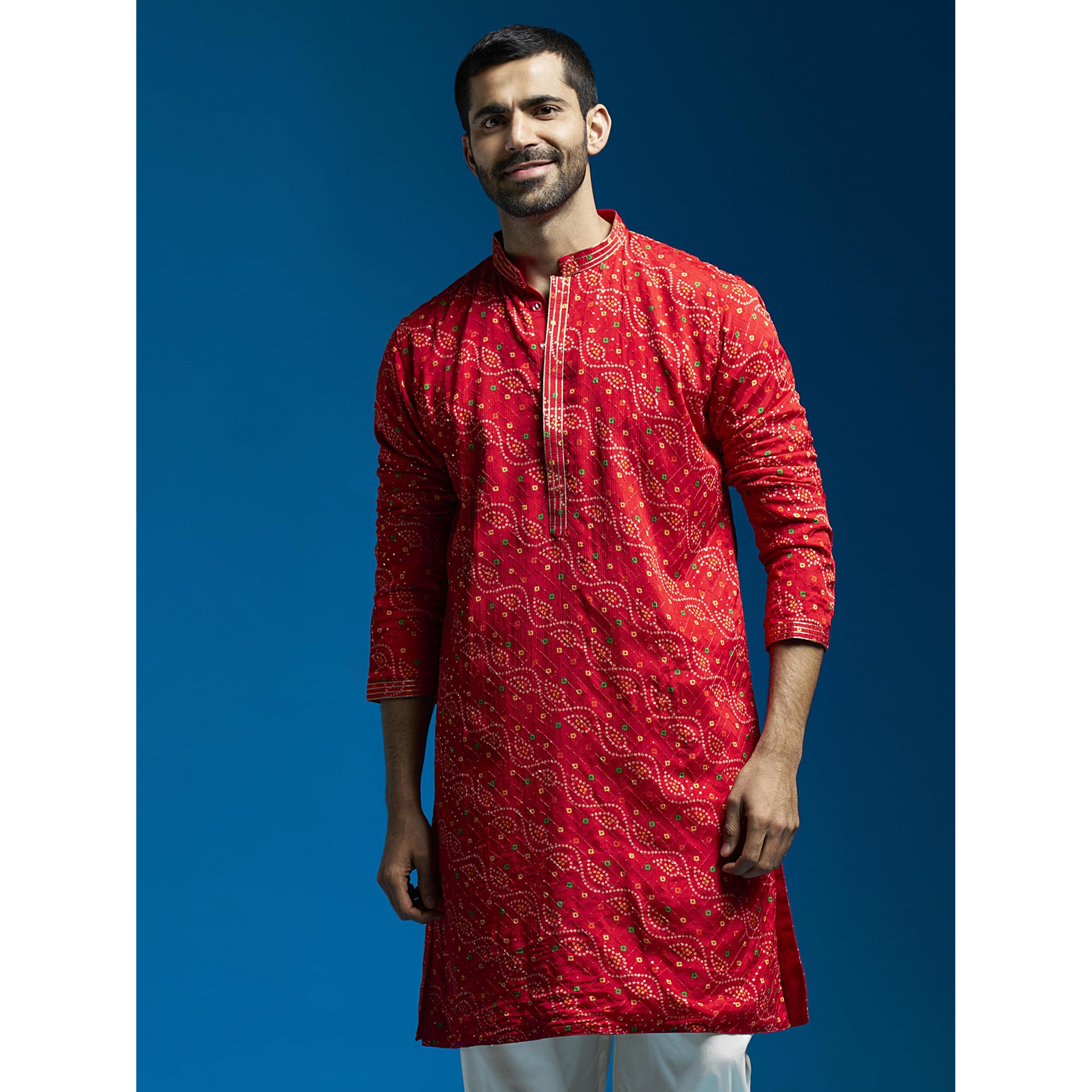 VASTRAMAY Men's Red Chinon Kurta | Chinon Printed Embroidered Secuenced Kurta for Men.