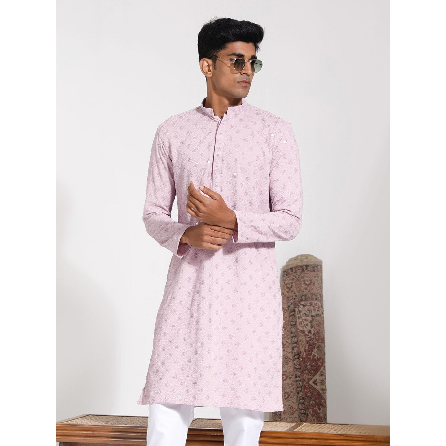 VASTRAMAY Men's Rayon Kurta I Schiffily Embroidered Knee Length Kurta I Traditions Festive Wedding_VASMK430ON_38