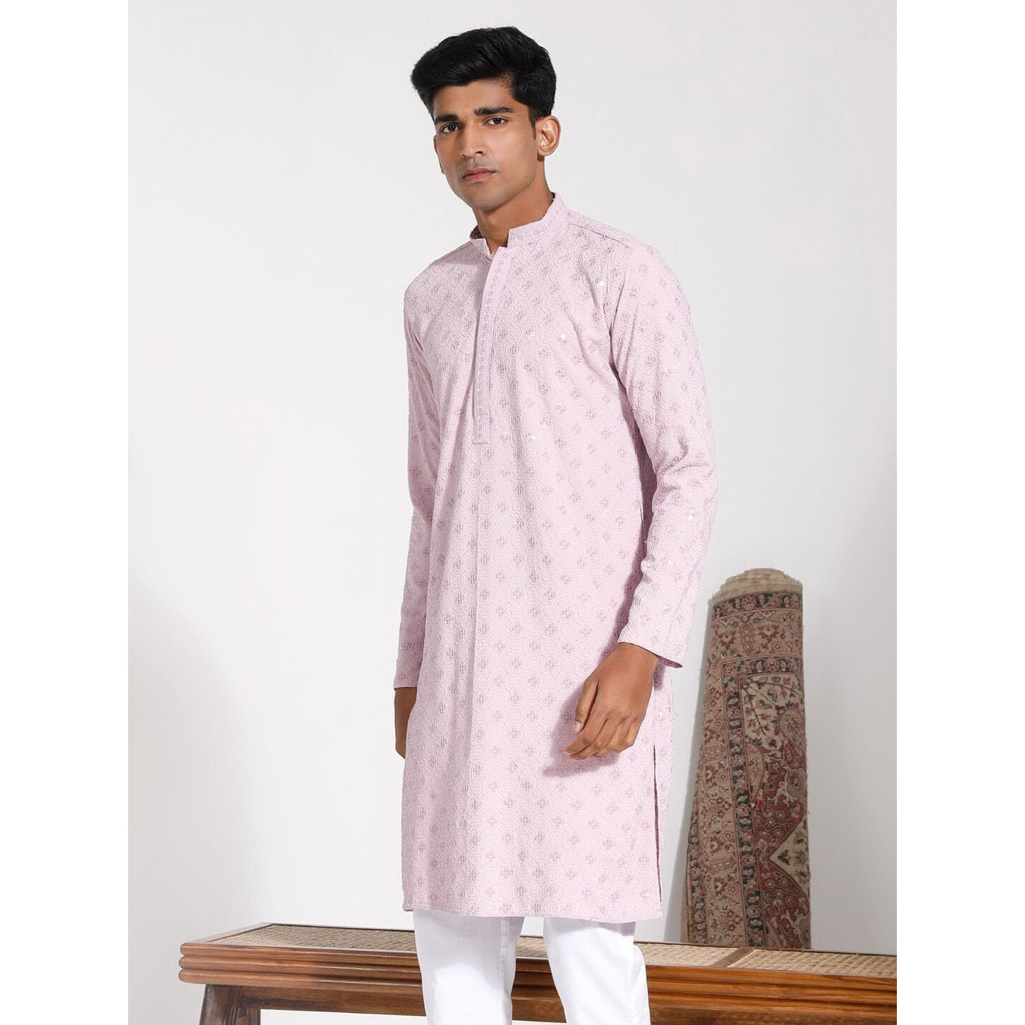 VASTRAMAY Men's Rayon Kurta I Schiffily Embroidered Knee Length Kurta I Traditions Festive Wedding_VASMK430ON_38