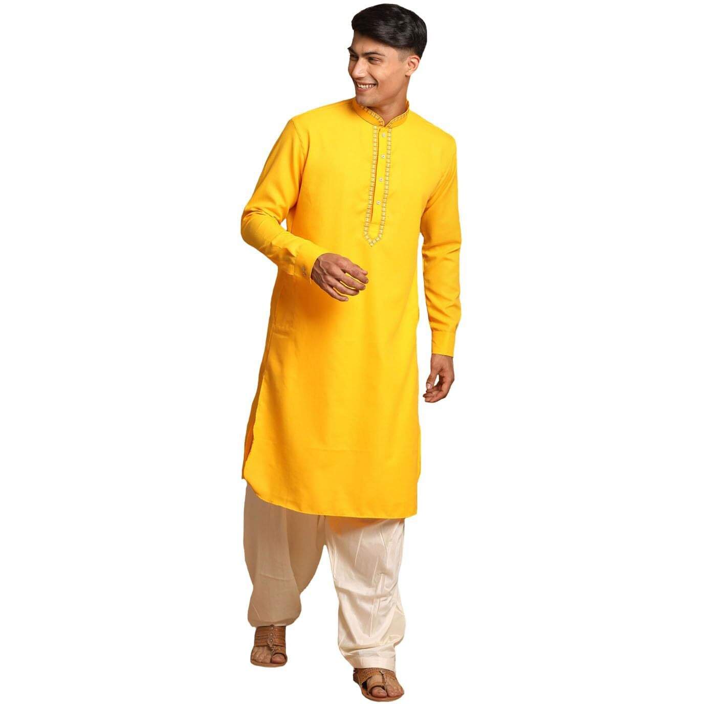 VASTRAMAY Men's Yellow And Cream Cotton Blend Kurta and Patiala Set_VASMK157YWnPTYCR_42
