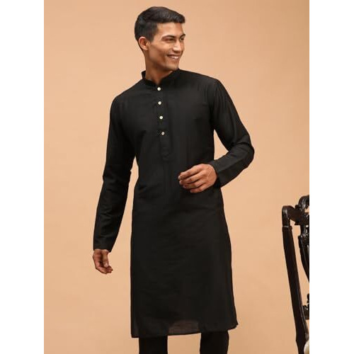 VASTRAMAY Men's Black Viscose Kurta I Knee Length Straight Kurt I Fastive Party Wedding Traditions Kurta_VSHRMK169BL_40