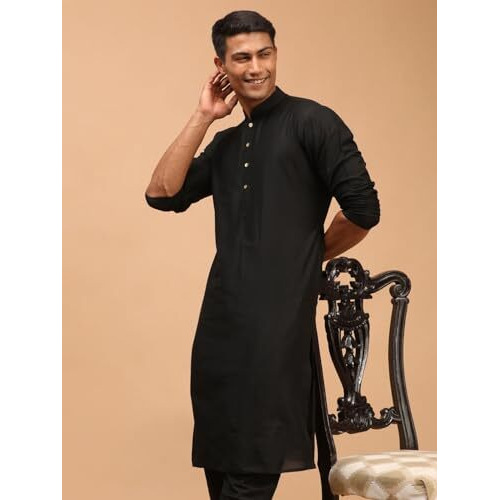 VASTRAMAY Men's Black Viscose Kurta I Knee Length Straight Kurt I Fastive Party Wedding Traditions Kurta_VSHRMK169BL_40