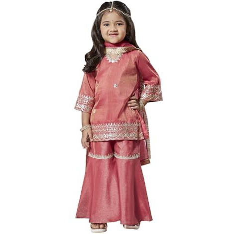 VASTRAMAY Girls' Rose Pink Kurta Sharara And Dupatta Set - Embroidered Sequined Kurta Sharara And Dupatta Set For Girl's.