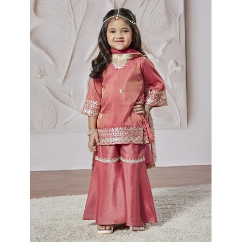 VASTRAMAY Girls' Rose Pink Kurta Sharara And Dupatta Set - Embroidered Sequined Kurta Sharara And Dupatta Set For Girl's.