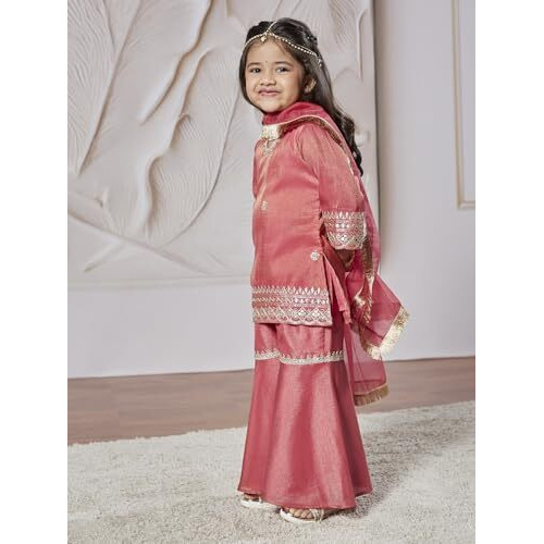 VASTRAMAY Girls' Rose Pink Kurta Sharara And Dupatta Set - Embroidered Sequined Kurta Sharara And Dupatta Set For Girl's.