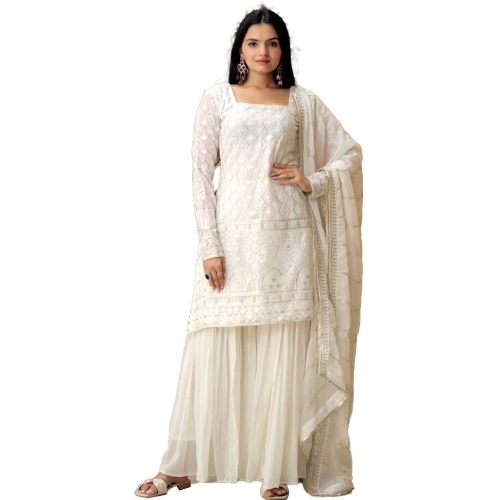 Wedani Georgette Embroidered Sequins Kurta Set with Duptta for Womne (in, Alpha, L, Regular, White)