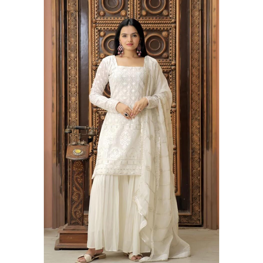 Wedani Georgette Embroidered Sequins Kurta Set with Duptta for Womne (in, Alpha, L, Regular, White)