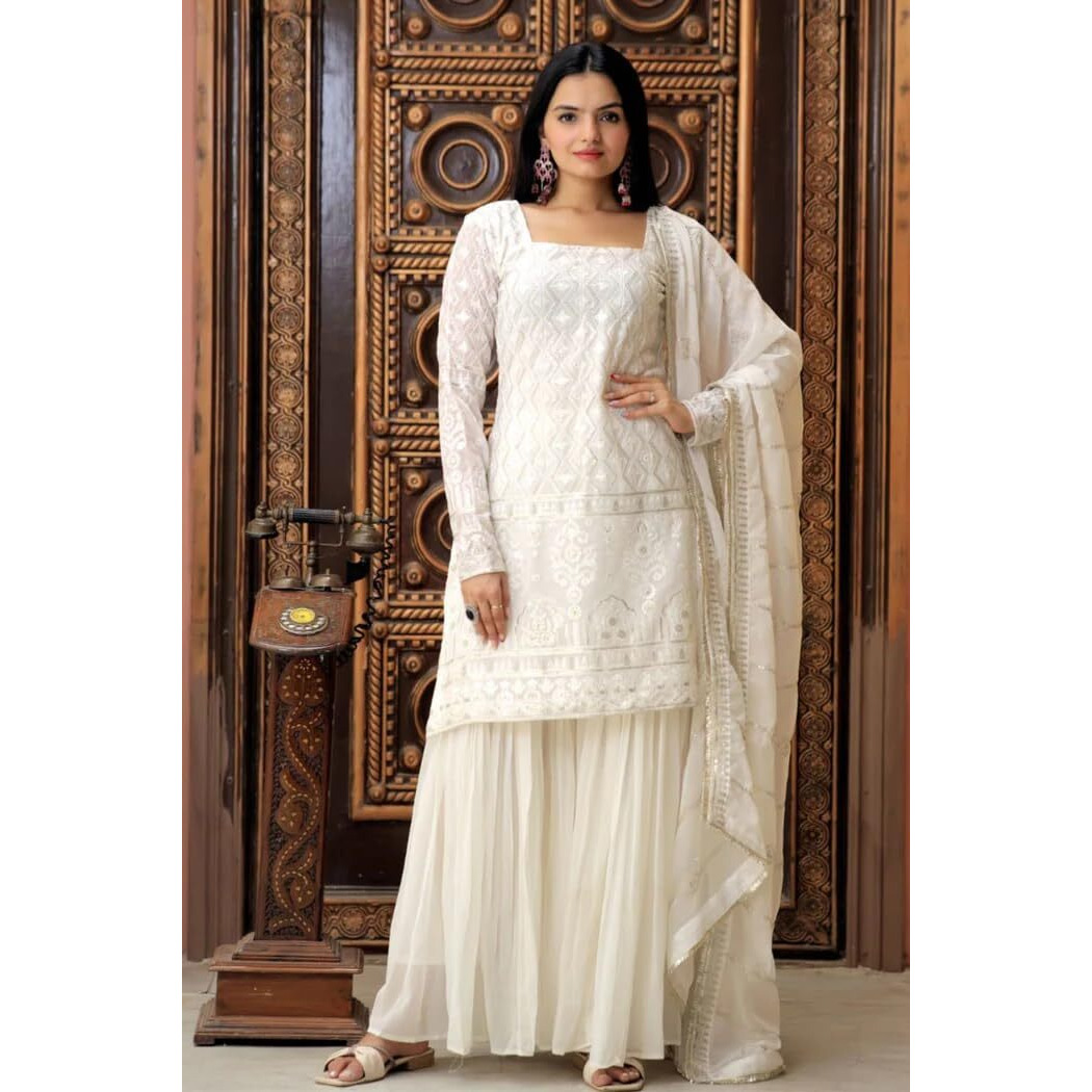 Wedani Georgette Embroidered Sequins Kurta Set with Duptta for Womne (in, Alpha, L, Regular, White)