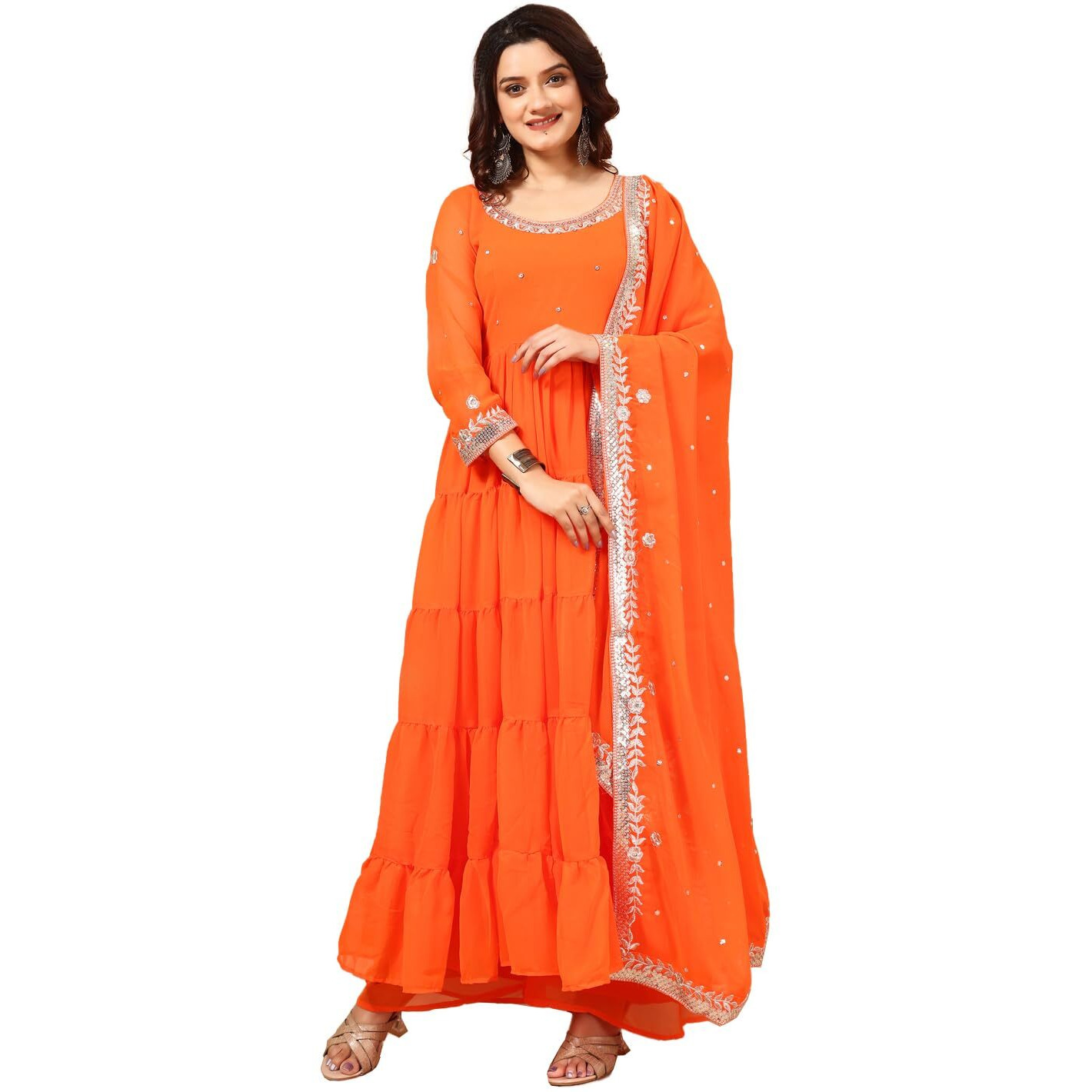 Wedani Georgette Embroidedred Anarkali Dress for Women (in, Alpha, M, Regular, Orange)