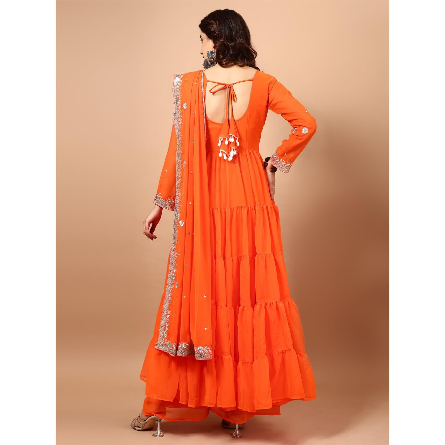 Wedani Georgette Embroidedred Anarkali Dress for Women (in, Alpha, M, Regular, Orange)
